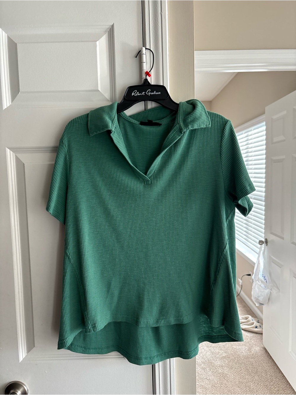Zara Teal Green Ribbed Collared Short Sleeve Top